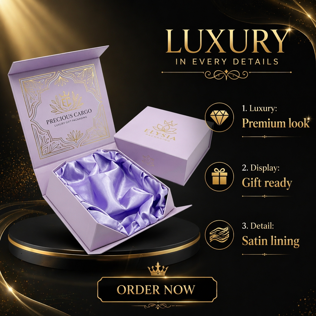 Light purple luxury gift box with gold print and purple satin lining promotional banner
