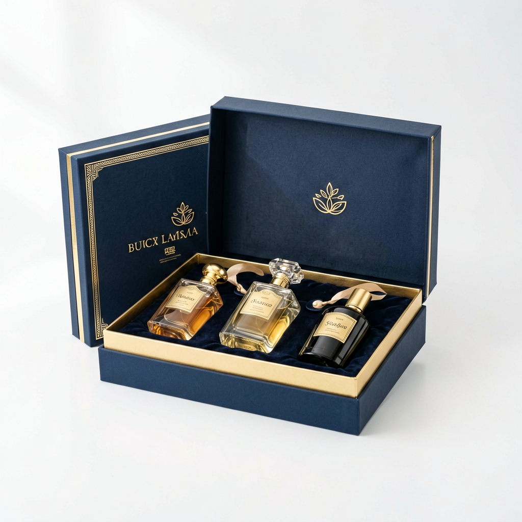 Navy gold trim 3-bottle perfume gift rigid box